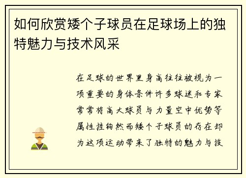 如何欣赏矮个子球员在足球场上的独特魅力与技术风采